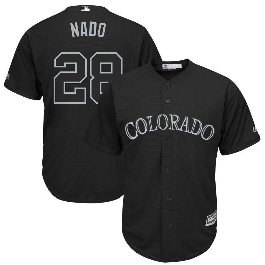 Men's Colorado Rockies #28 Nolan Arenado "Nado" Majestic Black 2019 Players' Weekend Player Stitched MLB Jersey